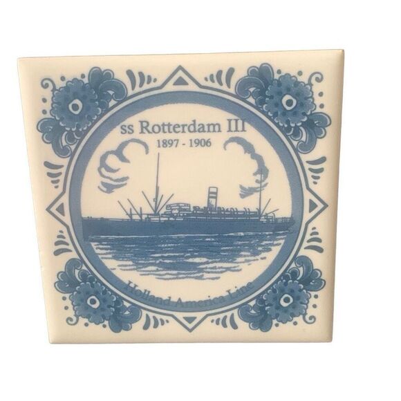 Vintage Holland America Line Delft SS Rotterdam III 1897-1906 Ceramic Tile - Picture 1 of 8